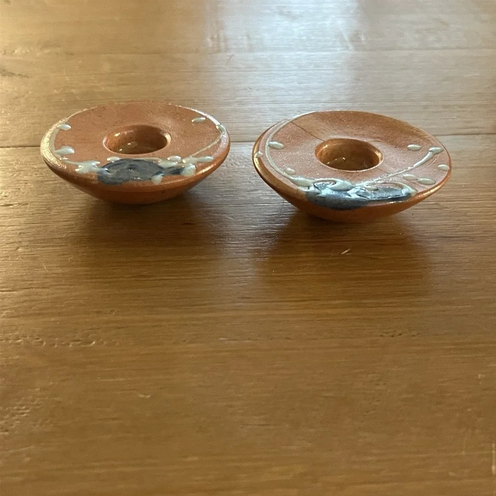 Vintage German Pottery Candle Holders Pair Orange Blue Floral Handmade Decor Set